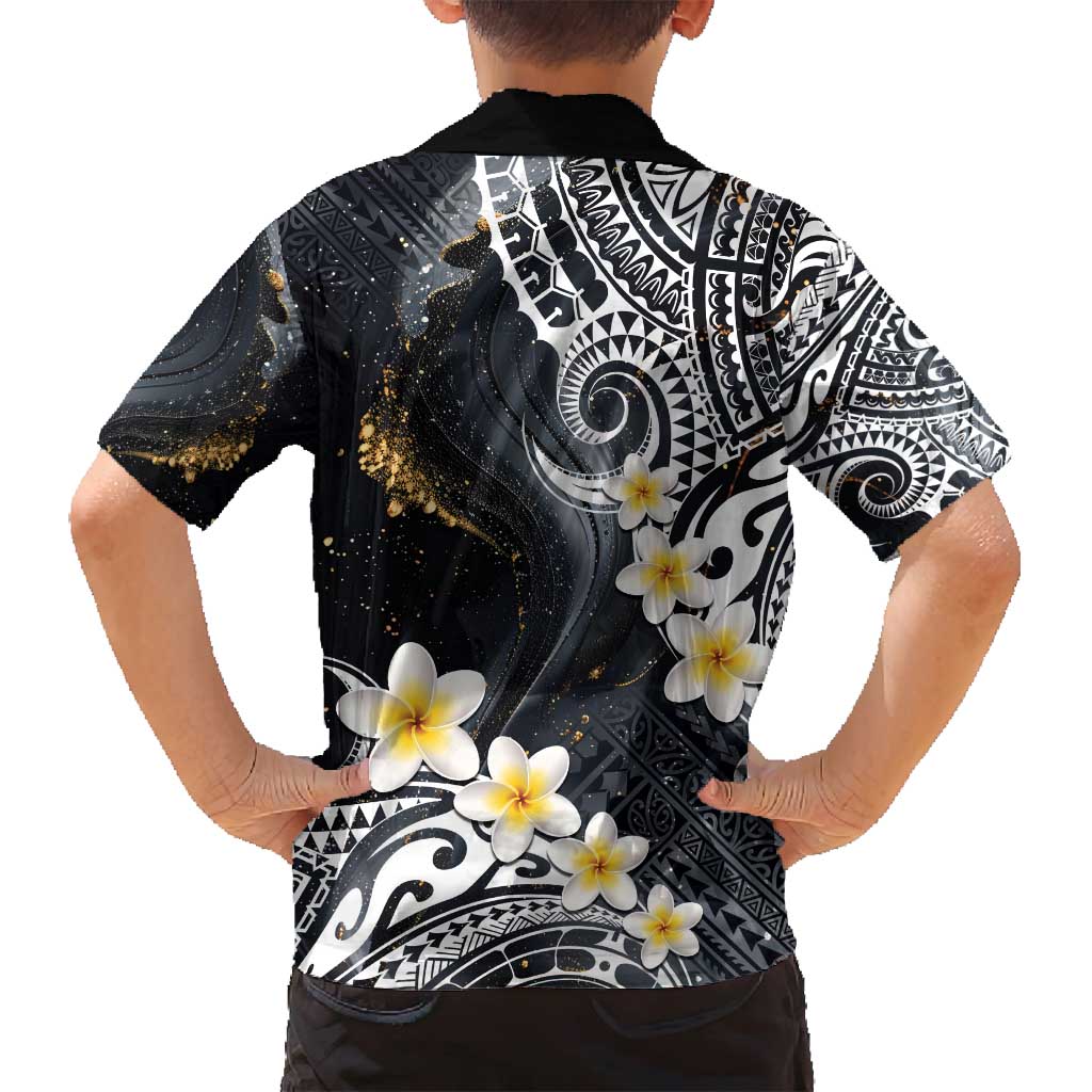 Polynesian Tribal Tattoo Family Matching Long Sleeve Bodycon Dress and Hawaiian Shirt Plumeria Black Gold Marble Pattern LT9 - Polynesian Pride