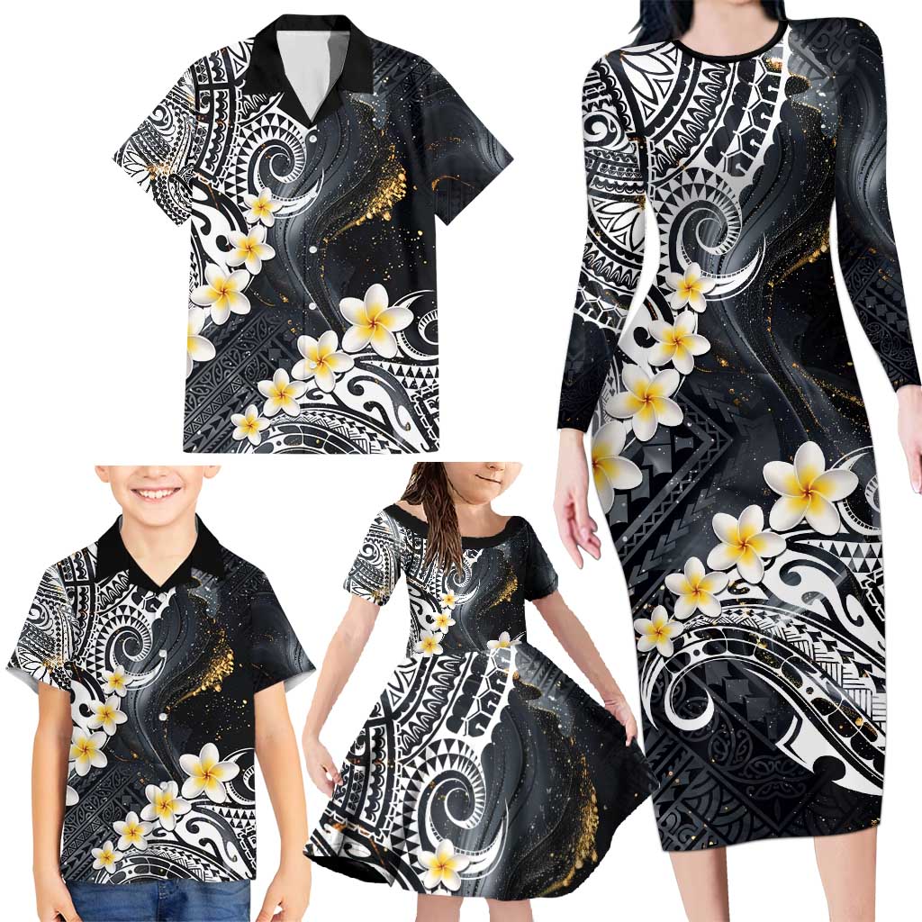 Polynesian Tribal Tattoo Family Matching Long Sleeve Bodycon Dress and Hawaiian Shirt Plumeria Black Gold Marble Pattern LT9 - Polynesian Pride