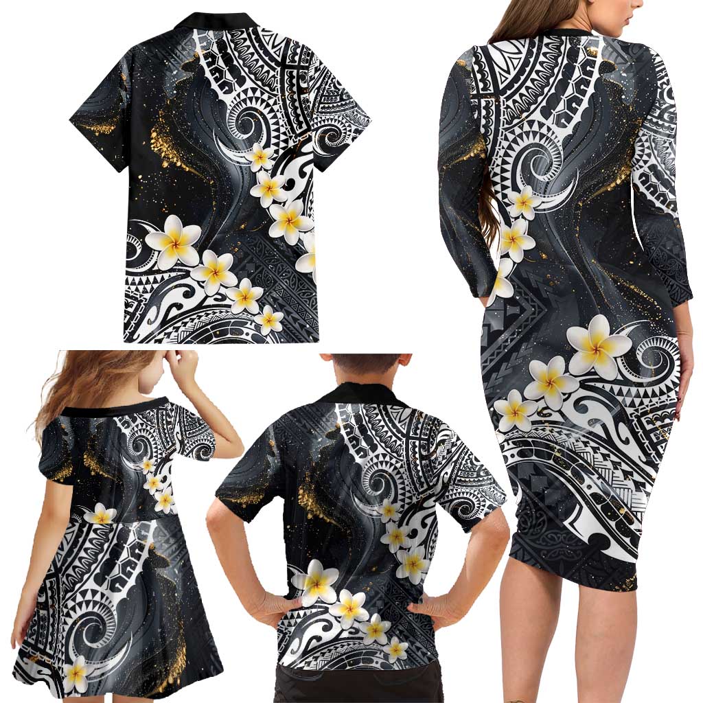 Polynesian Tribal Tattoo Family Matching Long Sleeve Bodycon Dress and Hawaiian Shirt Plumeria Black Gold Marble Pattern LT9 - Polynesian Pride