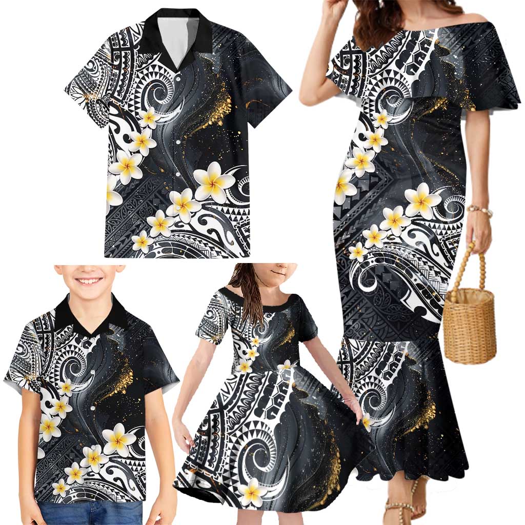 Polynesian Tribal Tattoo Family Matching Mermaid Dress and Hawaiian Shirt Plumeria Black Gold Marble Pattern LT9 - Polynesian Pride