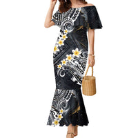 Polynesian Tribal Tattoo Family Matching Mermaid Dress and Hawaiian Shirt Plumeria Black Gold Marble Pattern LT9 Mom's Dress Black - Polynesian Pride