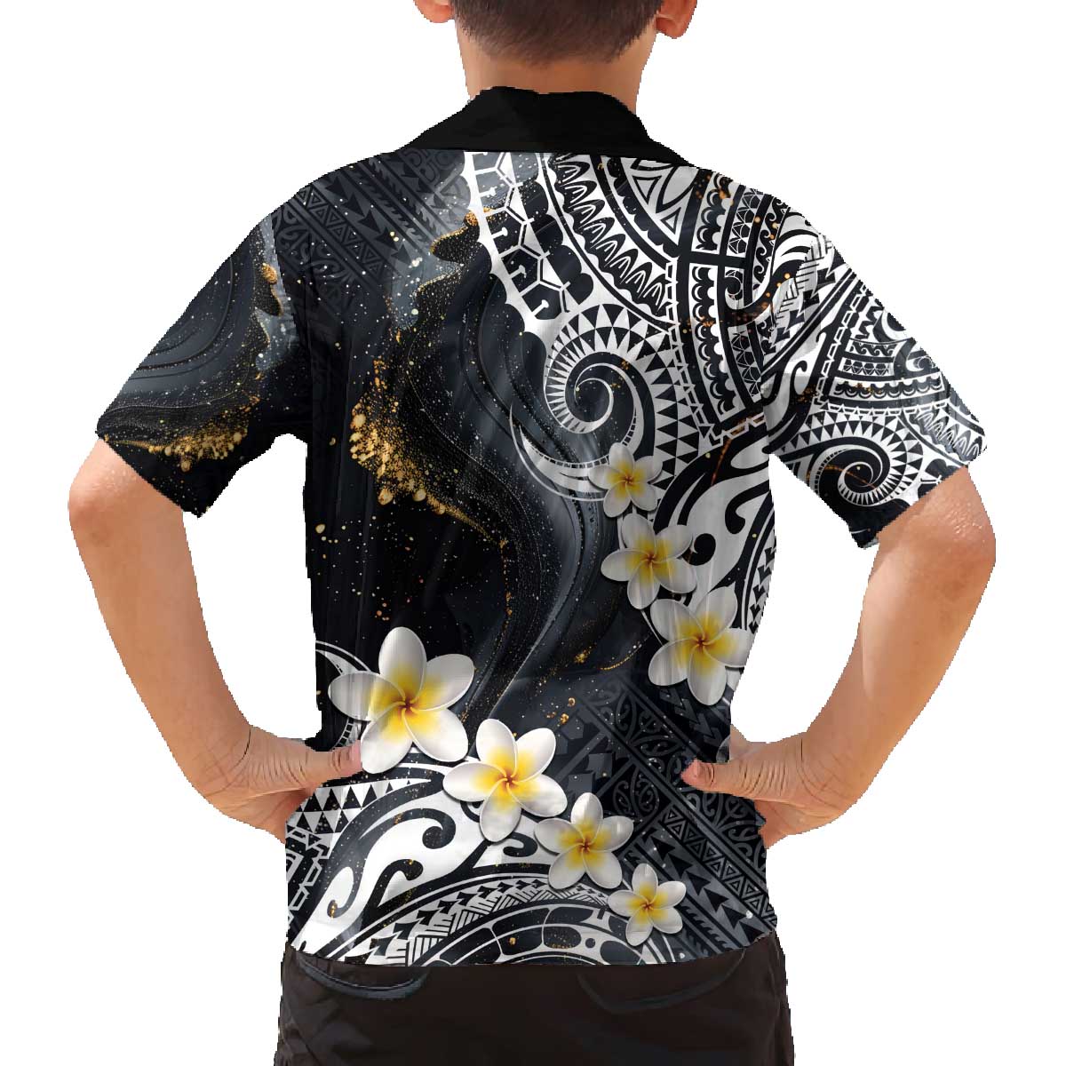 Polynesian Tribal Tattoo Family Matching Off The Shoulder Long Sleeve Dress and Hawaiian Shirt Plumeria Black Gold Marble Pattern LT9 - Polynesian Pride