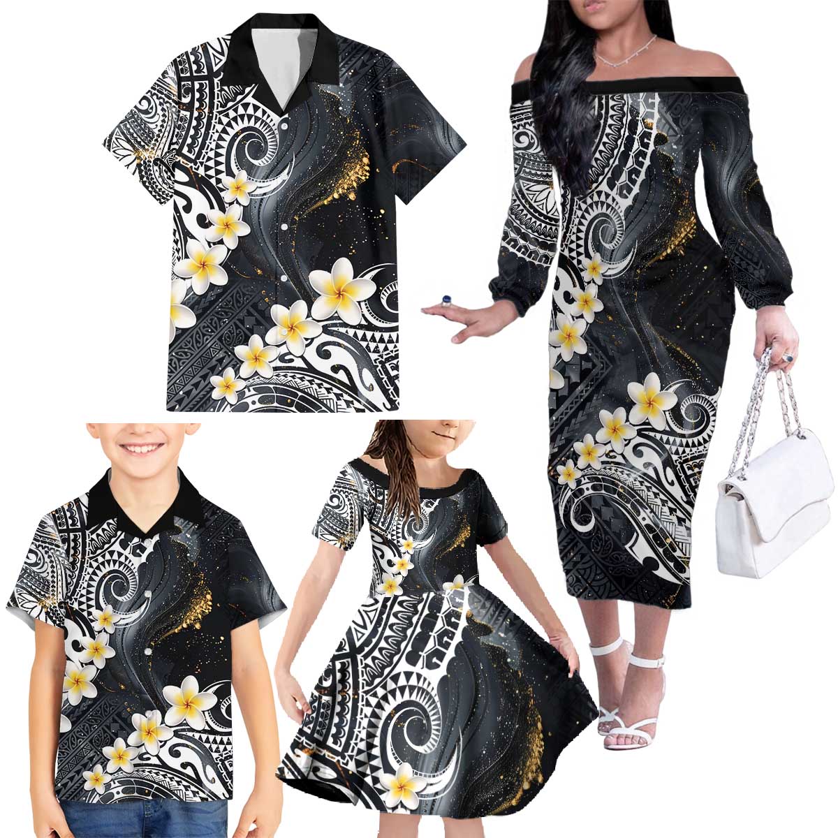 Polynesian Tribal Tattoo Family Matching Off The Shoulder Long Sleeve Dress and Hawaiian Shirt Plumeria Black Gold Marble Pattern LT9 Black - Polynesian Pride