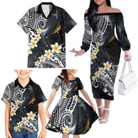 Polynesian Tribal Tattoo Family Matching Off The Shoulder Long Sleeve Dress and Hawaiian Shirt Plumeria Black Gold Marble Pattern LT9 Black - Polynesian Pride