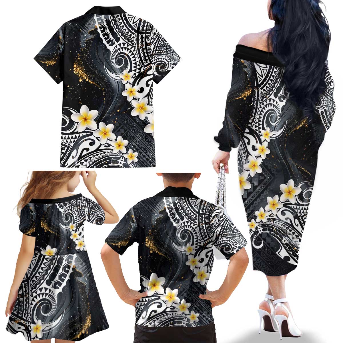Polynesian Tribal Tattoo Family Matching Off The Shoulder Long Sleeve Dress and Hawaiian Shirt Plumeria Black Gold Marble Pattern LT9 - Polynesian Pride