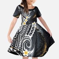 Polynesian Tribal Tattoo Family Matching Off Shoulder Maxi Dress and Hawaiian Shirt Plumeria Black Gold Marble Pattern LT9 Daughter's Dress Black - Polynesian Pride