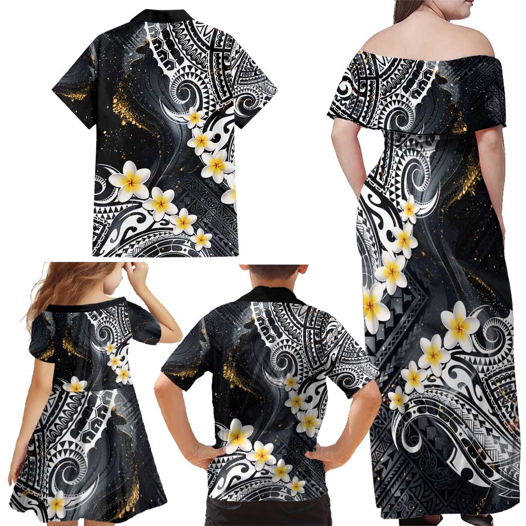 Polynesian Tribal Tattoo Family Matching Off Shoulder Maxi Dress and Hawaiian Shirt Plumeria Black Gold Marble Pattern LT9 - Polynesian Pride