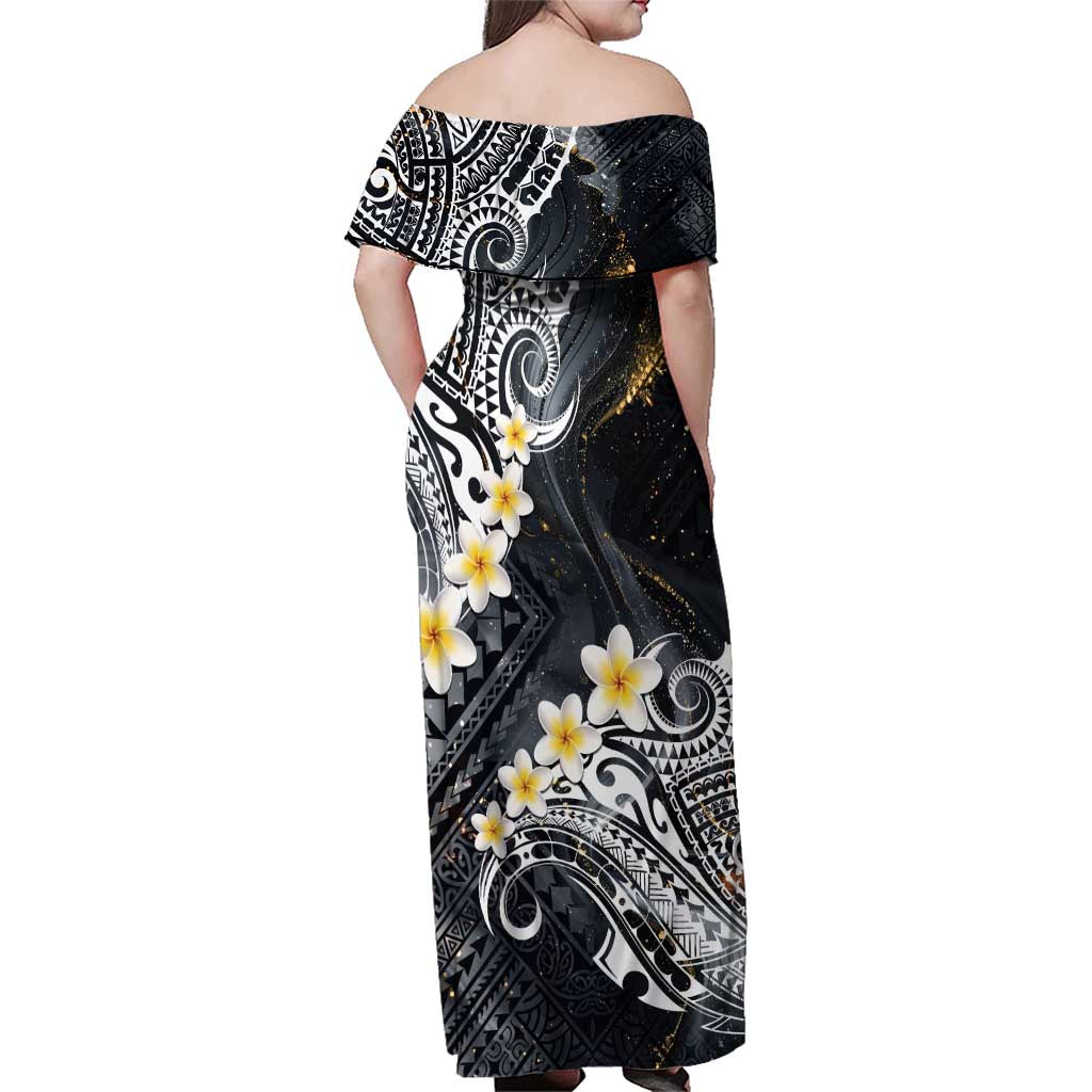 Polynesian Tribal Tattoo Family Matching Off Shoulder Maxi Dress and Hawaiian Shirt Plumeria Black Gold Marble Pattern LT9 - Polynesian Pride