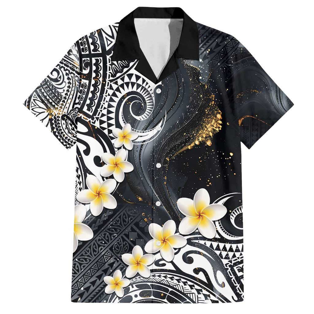 Polynesian Tribal Tattoo Family Matching Puletasi and Hawaiian Shirt Plumeria Black Gold Marble Pattern