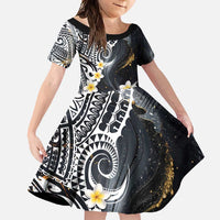 Polynesian Tribal Tattoo Family Matching Short Sleeve Bodycon Dress and Hawaiian Shirt Plumeria Black Gold Marble Pattern LT9 Daughter's Dress Black - Polynesian Pride