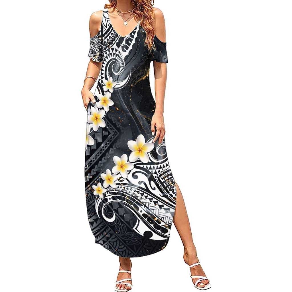 Polynesian Tribal Tattoo Family Matching Summer Maxi Dress and Hawaiian Shirt Plumeria Black Gold Marble Pattern LT9 Mom's Dress Black - Polynesian Pride
