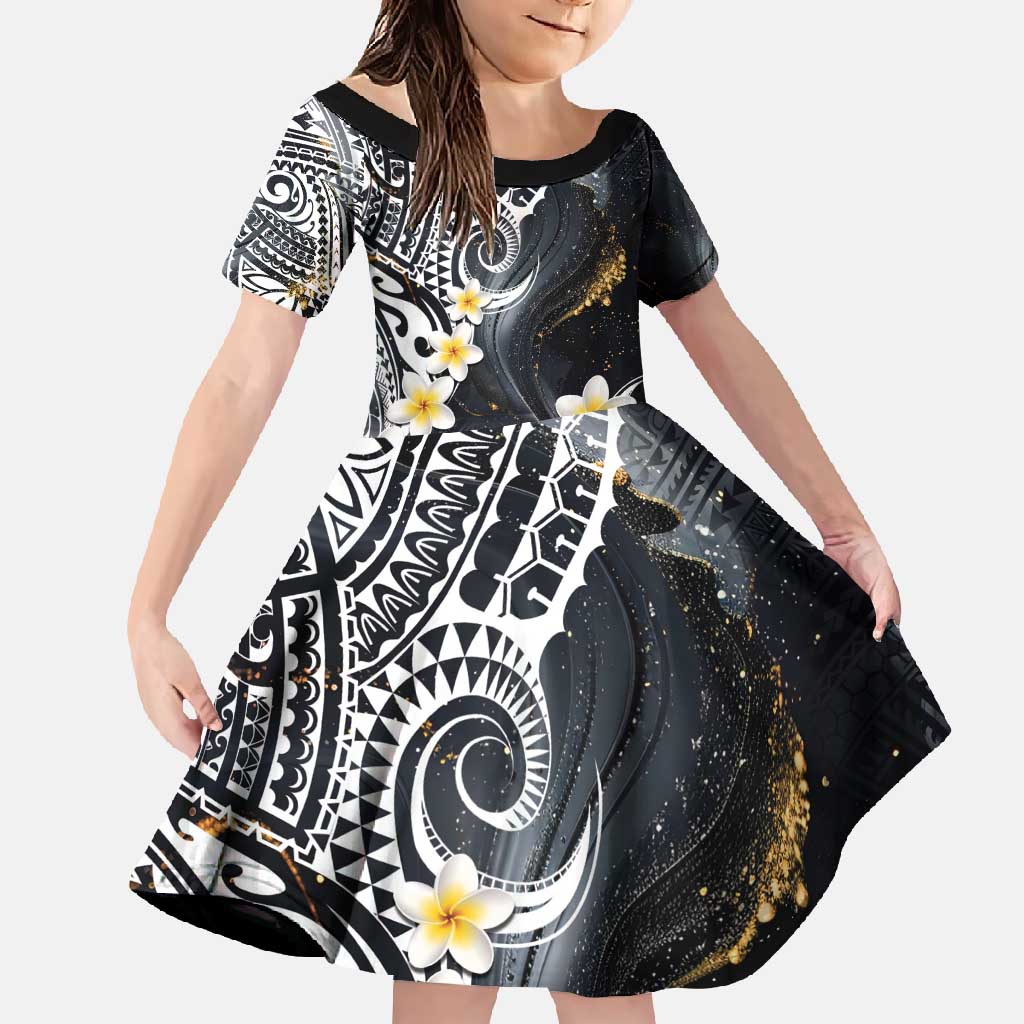 Polynesian Tribal Tattoo Family Matching Tank Maxi Dress and Hawaiian Shirt Plumeria Black Gold Marble Pattern LT9 Daughter's Dress Black - Polynesian Pride
