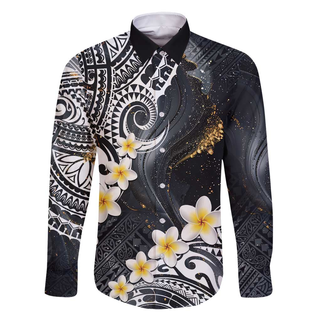 Polynesian Tribal Tattoo Family Matching Tank Maxi Dress and Hawaiian Shirt Plumeria Black Gold Marble Pattern LT9 Dad's Shirt - Long Sleeve Black - Polynesian Pride