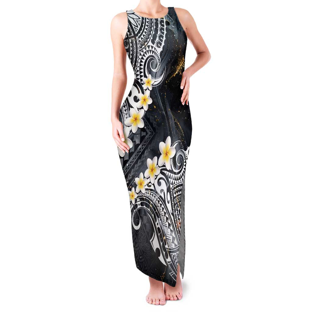 Polynesian Tribal Tattoo Family Matching Tank Maxi Dress and Hawaiian Shirt Plumeria Black Gold Marble Pattern LT9 Mom's Dress Black - Polynesian Pride