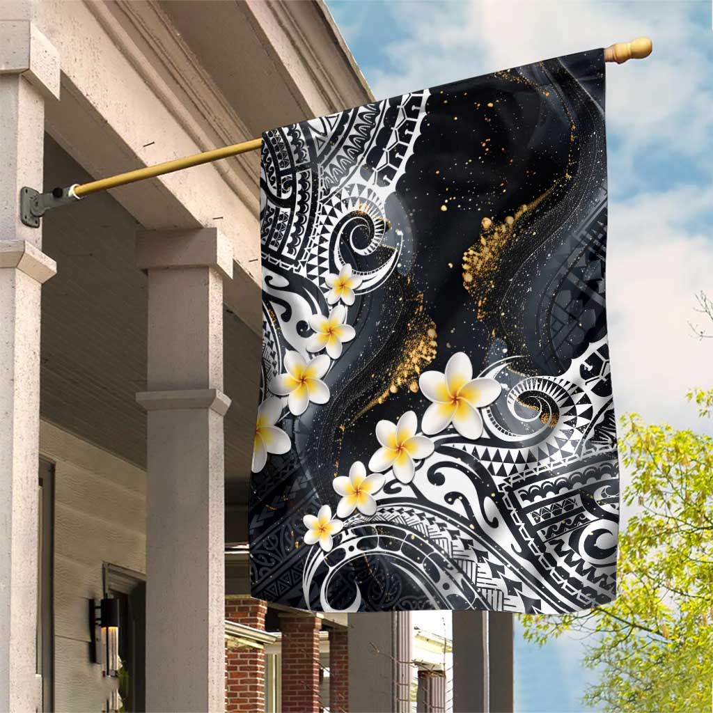 Polynesian Tribal Tattoo Garden Flag Plumeria Black Gold Marble Pattern LT9 House Flag Black - Polynesian Pride
