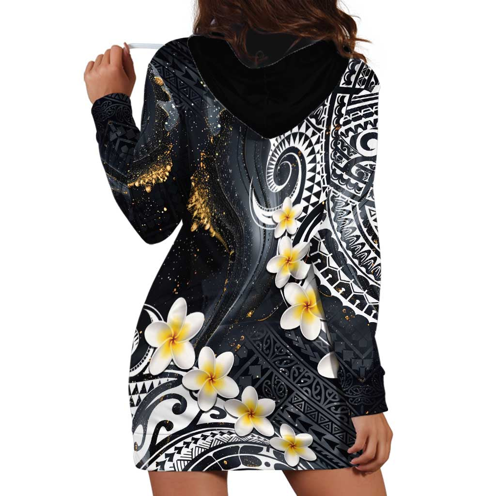 Polynesian Tribal Tattoo Hoodie Dress Plumeria Black Gold Marble Pattern
