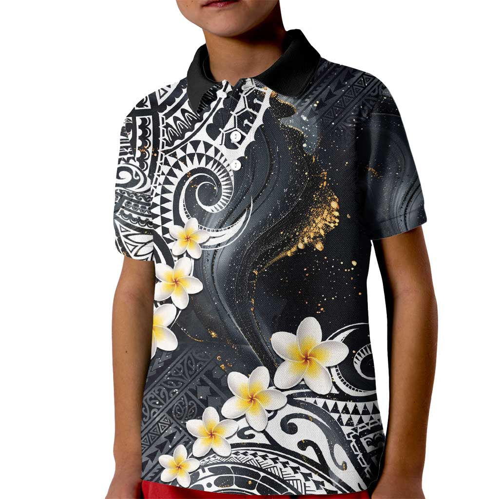 Polynesian Tribal Tattoo Kid Polo Shirt Plumeria Black Gold Marble Pattern