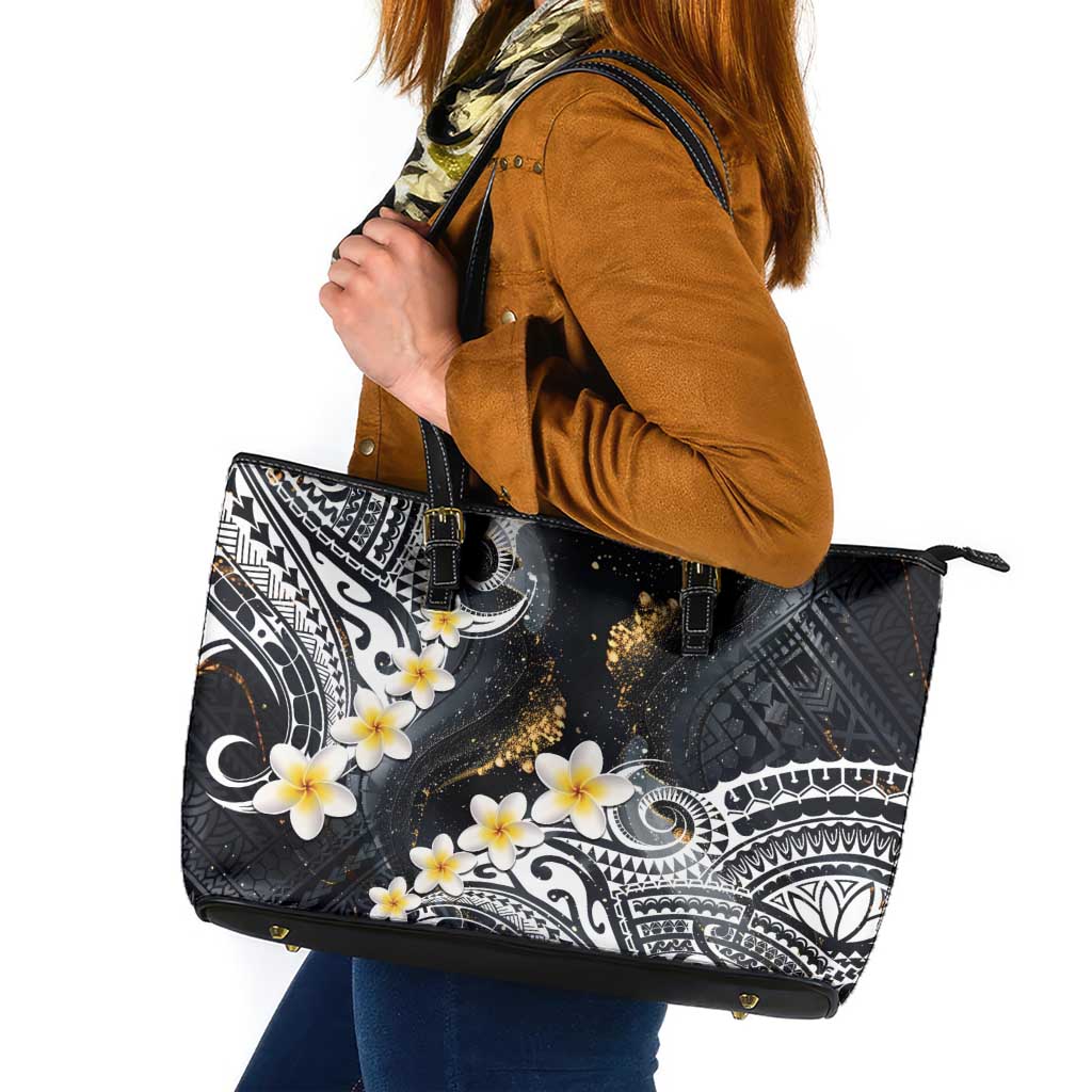 Polynesian Tribal Tattoo Leather Tote Bag Plumeria Black Gold Marble Pattern