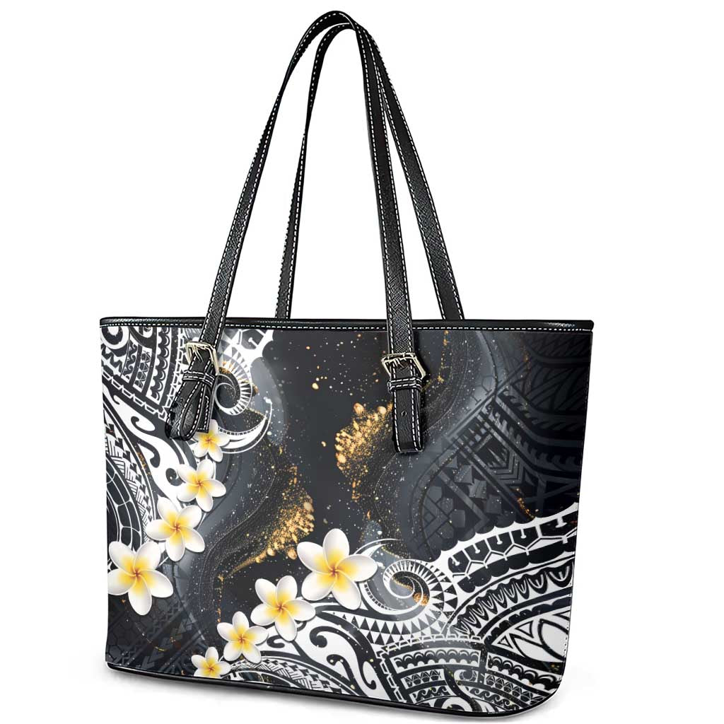 Polynesian Tribal Tattoo Leather Tote Bag Plumeria Black Gold Marble Pattern