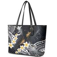 Polynesian Tribal Tattoo Leather Tote Bag Plumeria Black Gold Marble Pattern