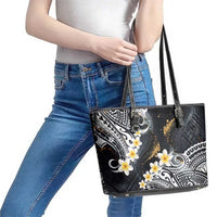 Polynesian Tribal Tattoo Leather Tote Bag Plumeria Black Gold Marble Pattern