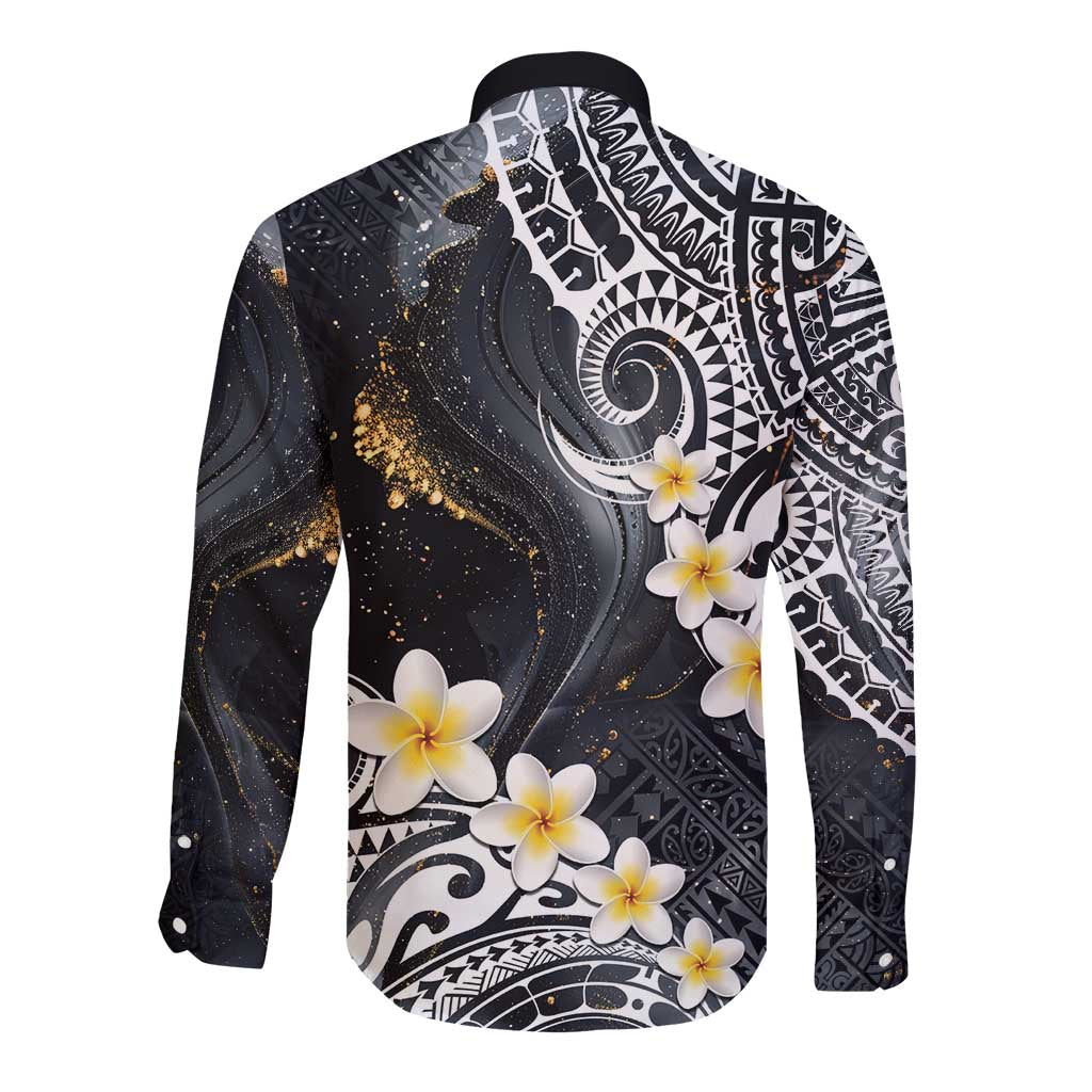 Polynesian Tribal Tattoo Long Sleeve Button Shirt Plumeria Black Gold Marble Pattern