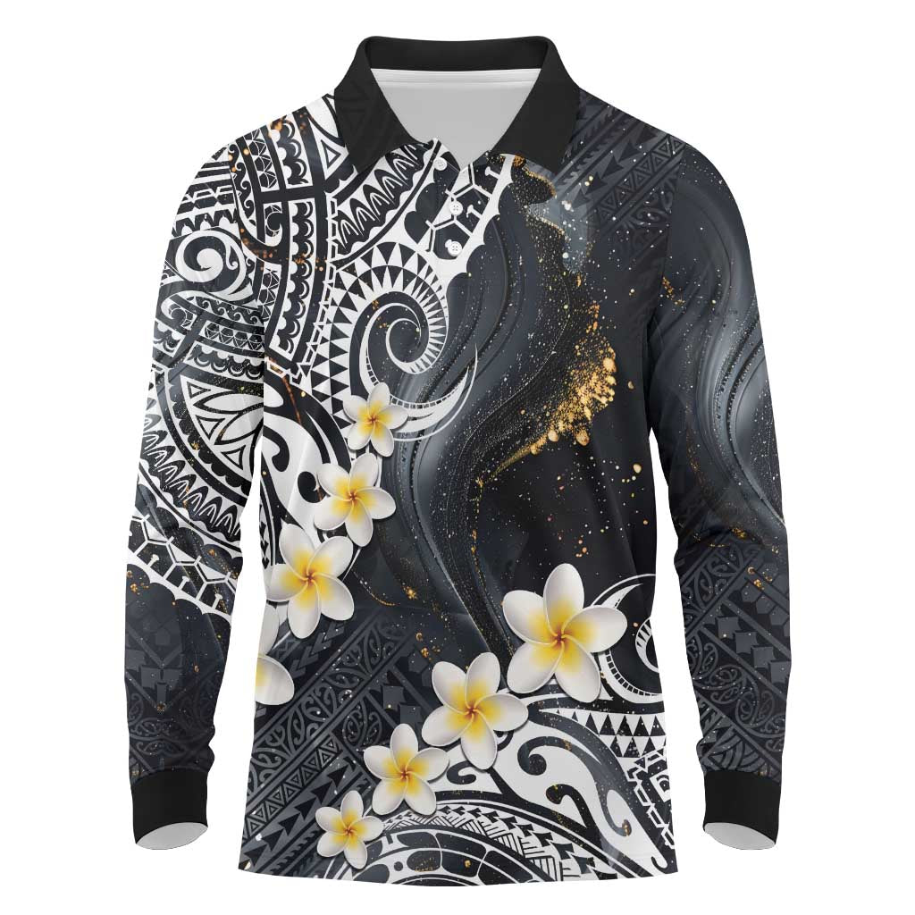 Polynesian Tribal Tattoo Long Sleeve Polo Shirt Plumeria Black Gold Marble Pattern