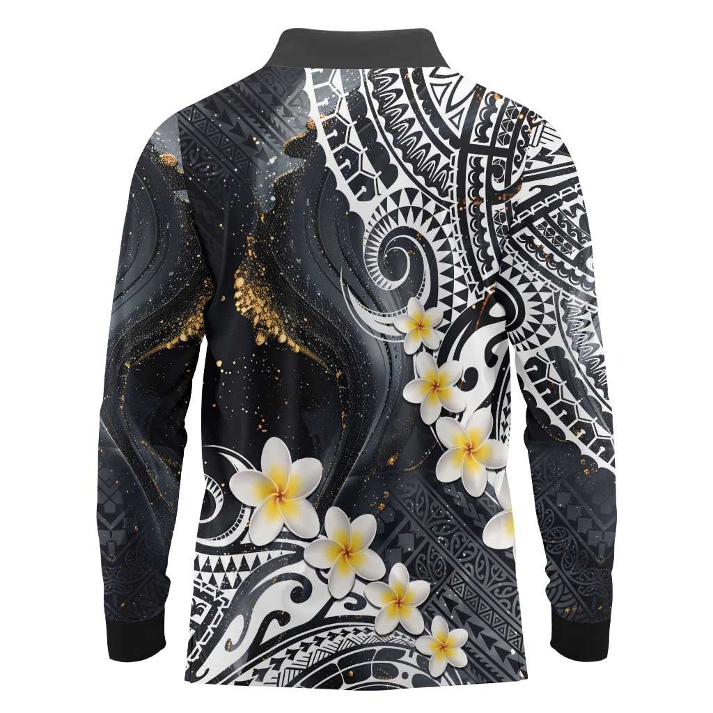 Polynesian Tribal Tattoo Long Sleeve Polo Shirt Plumeria Black Gold Marble Pattern