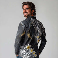 Polynesian Tribal Tattoo Long Sleeve Polo Shirt Plumeria Black Gold Marble Pattern