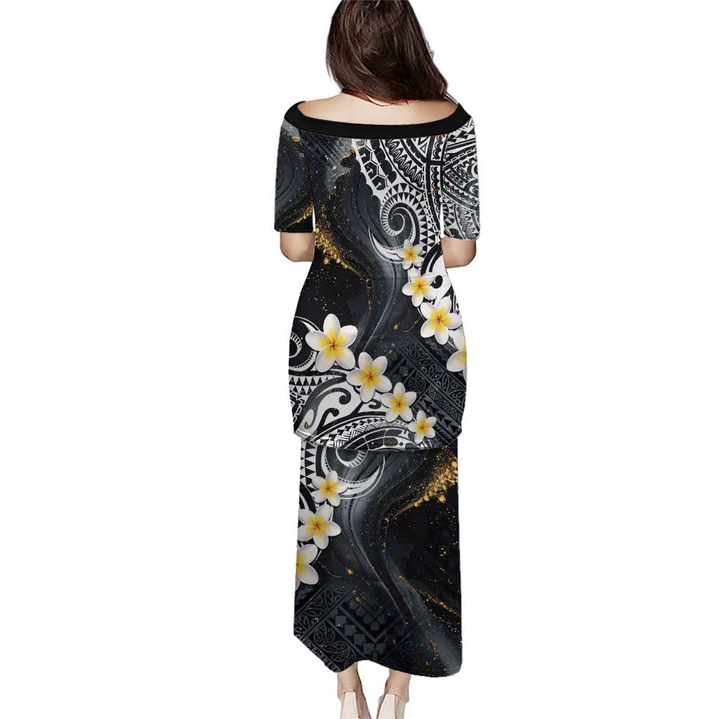 Polynesian Tribal Tattoo Puletasi Plumeria Black Gold Marble Pattern