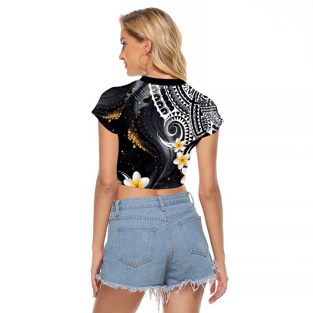 Polynesian Tribal Tattoo Raglan Cropped T Shirt Plumeria Black Gold Marble Pattern