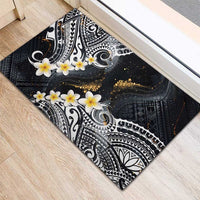 Polynesian Tribal Tattoo Rubber Doormat Plumeria Black Gold Marble Pattern