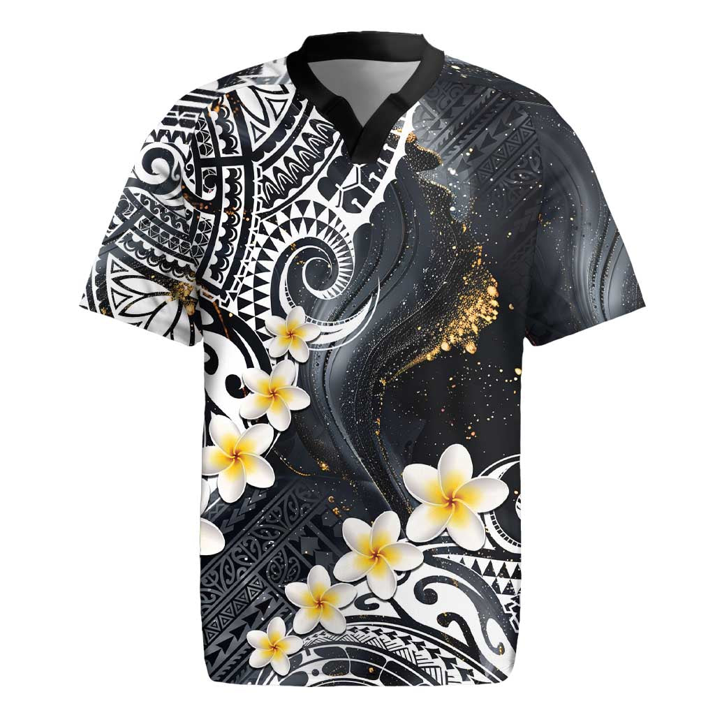 Polynesian Tribal Tattoo Rugby Jersey Plumeria Black Gold Marble Pattern LT9 Black - Polynesian Pride