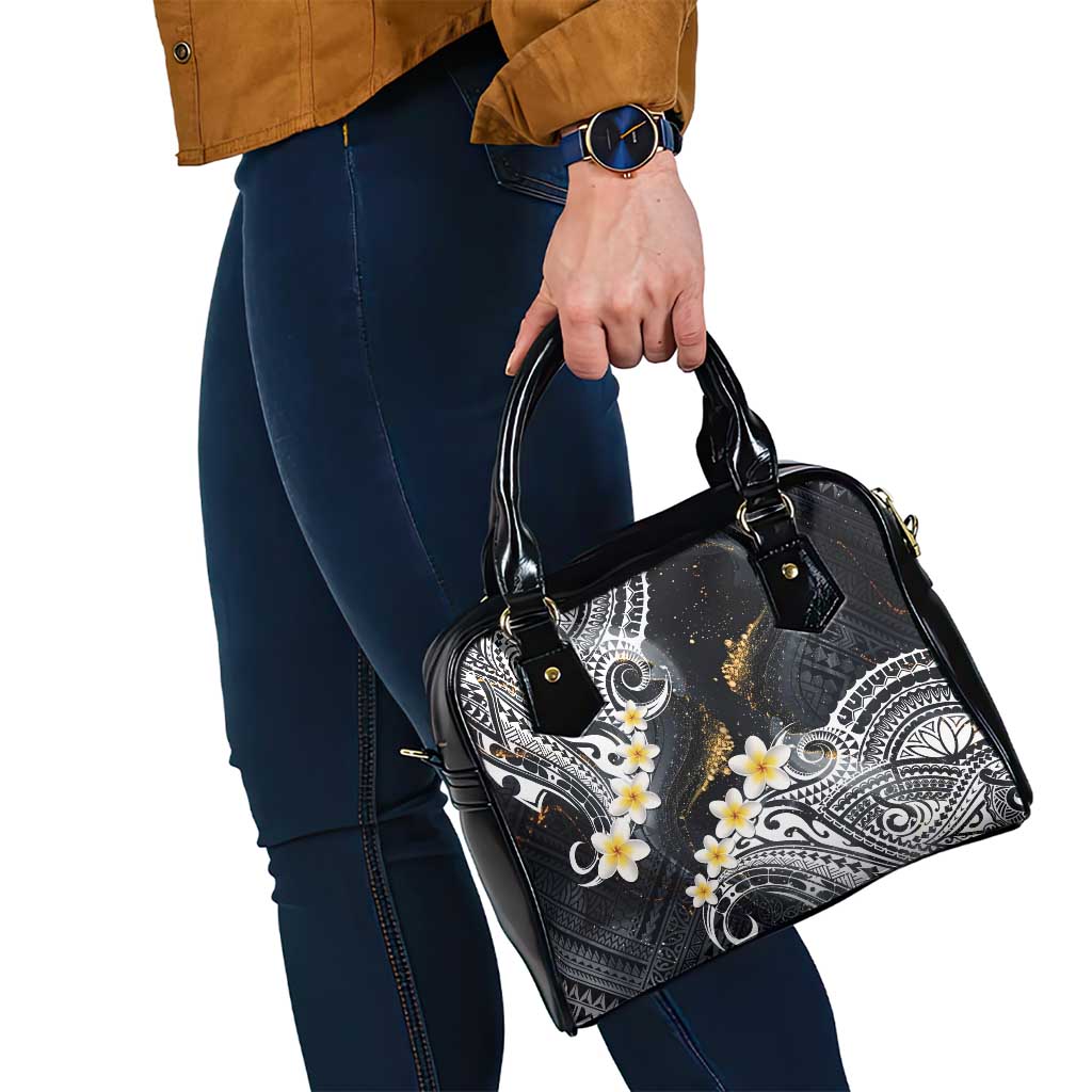 Polynesian Tribal Tattoo Shoulder Handbag Plumeria Black Gold Marble Pattern