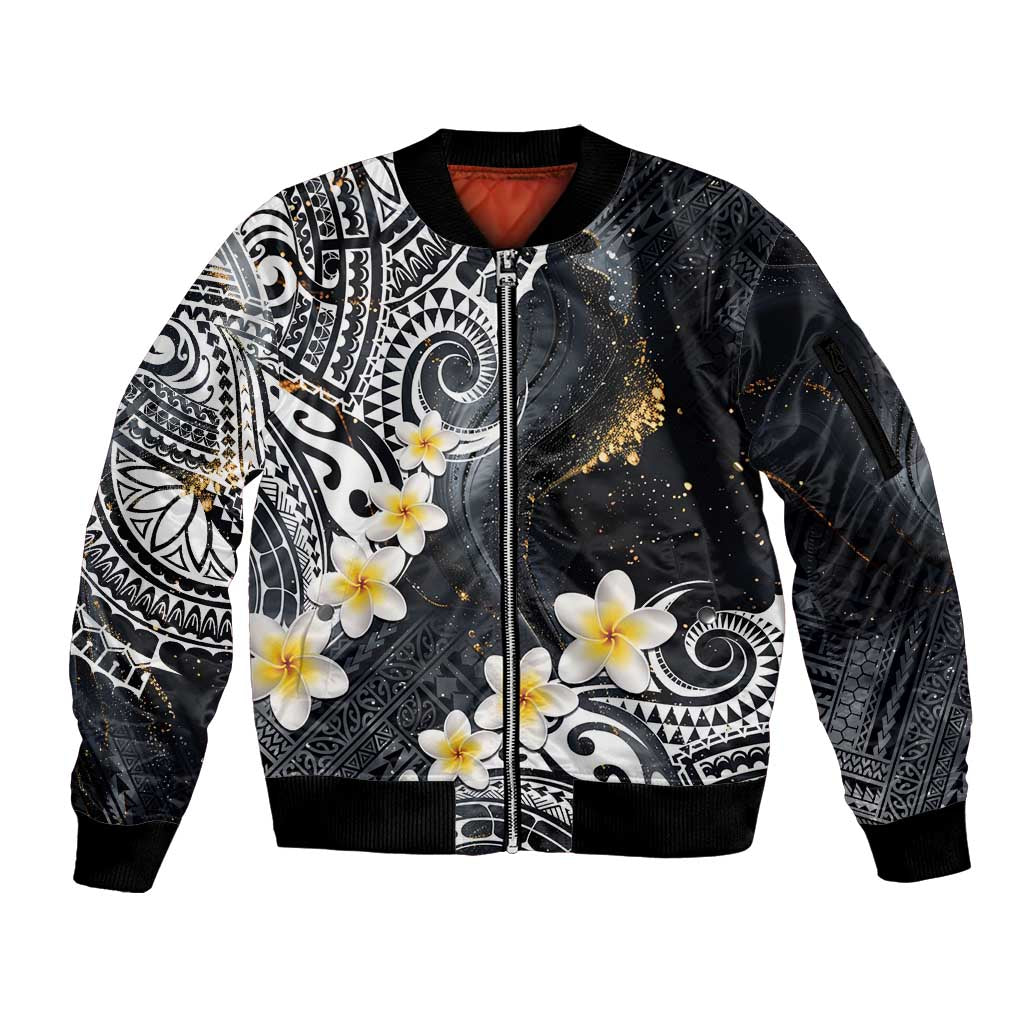 Polynesian Tribal Tattoo Sleeve Zip Bomber Jacket Plumeria Black Gold Marble Pattern