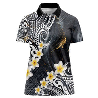 Polynesian Tribal Tattoo Women Polo Shirt Plumeria Black Gold Marble Pattern