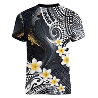 Polynesian Tribal Tattoo Women V-Neck T-Shirt Plumeria Black Gold Marble Pattern
