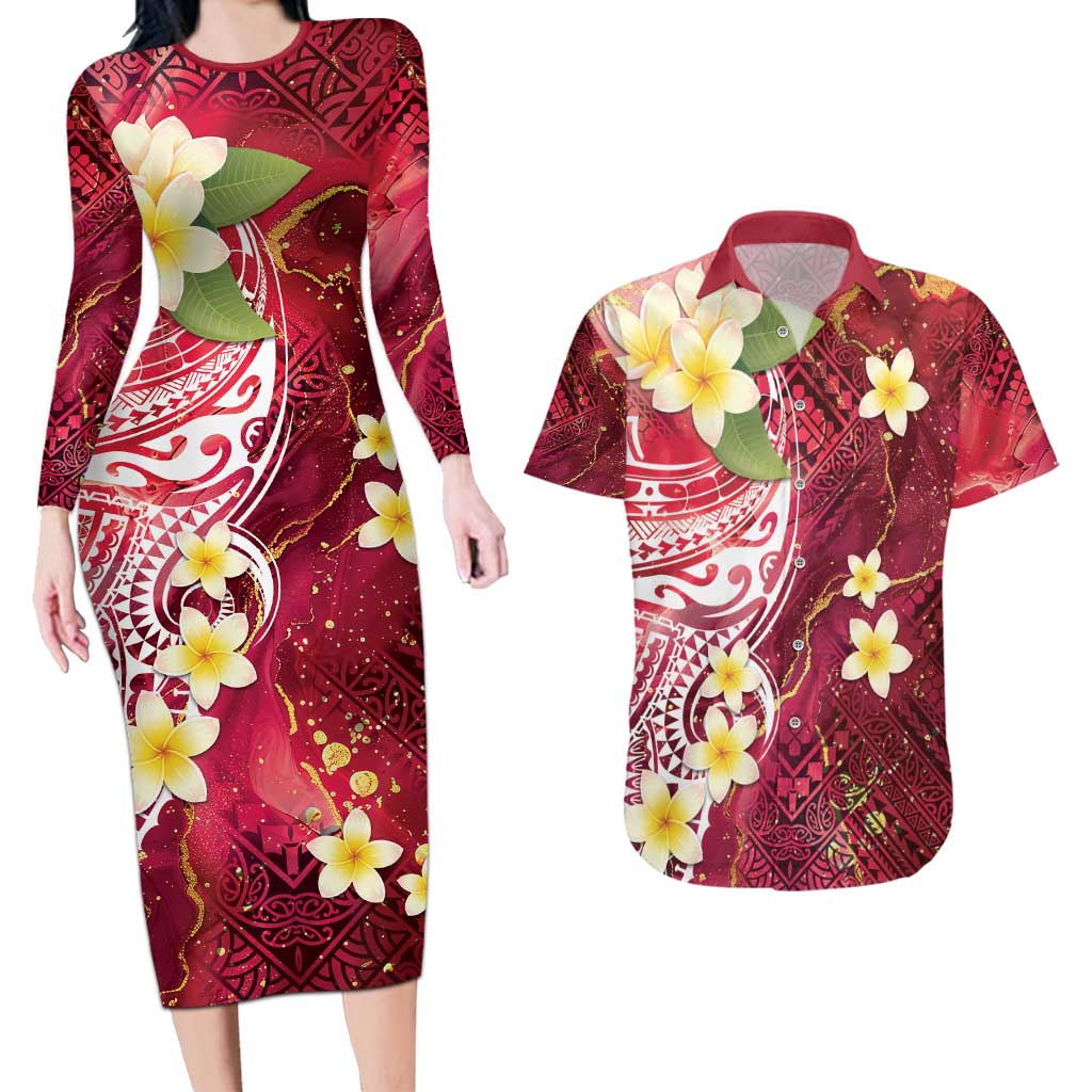 Polynesian Tribal Tattoo Couples Matching Long Sleeve Bodycon Dress and Hawaiian Shirt Plumeria Blood Red and Gold Marble Pattern LT9 Red - Polynesian Pride