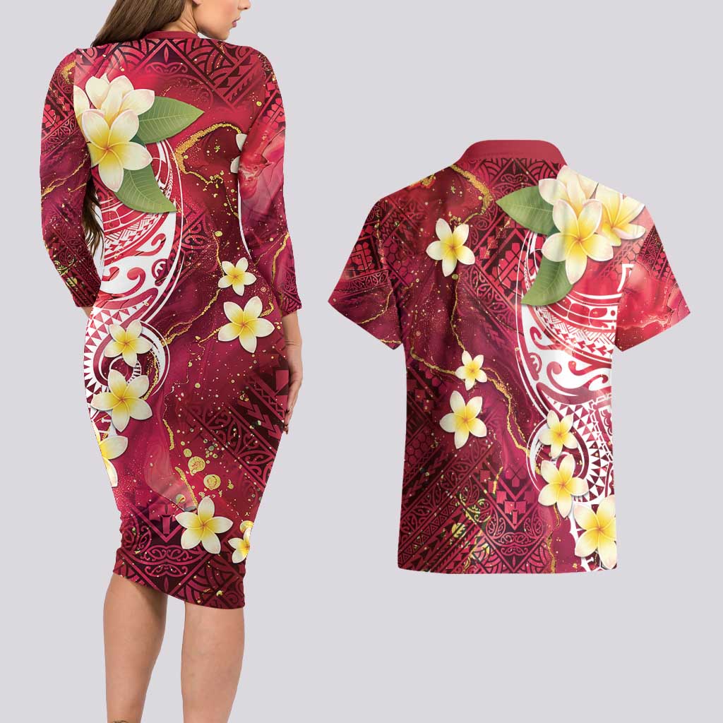 Polynesian Tribal Tattoo Couples Matching Long Sleeve Bodycon Dress and Hawaiian Shirt Plumeria Blood Red and Gold Marble Pattern LT9 - Polynesian Pride
