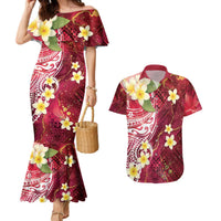 Polynesian Tribal Tattoo Couples Matching Mermaid Dress and Hawaiian Shirt Plumeria Blood Red and Gold Marble Pattern LT9 Red - Polynesian Pride