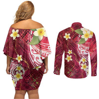 Polynesian Tribal Tattoo Couples Matching Off Shoulder Short Dress and Long Sleeve Button Shirt Plumeria Blood Red and Gold Marble Pattern