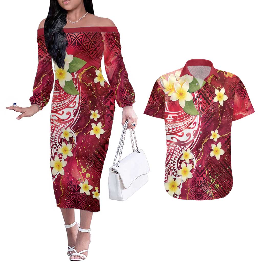 Polynesian Tribal Tattoo Couples Matching Off The Shoulder Long Sleeve Dress and Hawaiian Shirt Plumeria Blood Red and Gold Marble Pattern LT9 Red - Polynesian Pride
