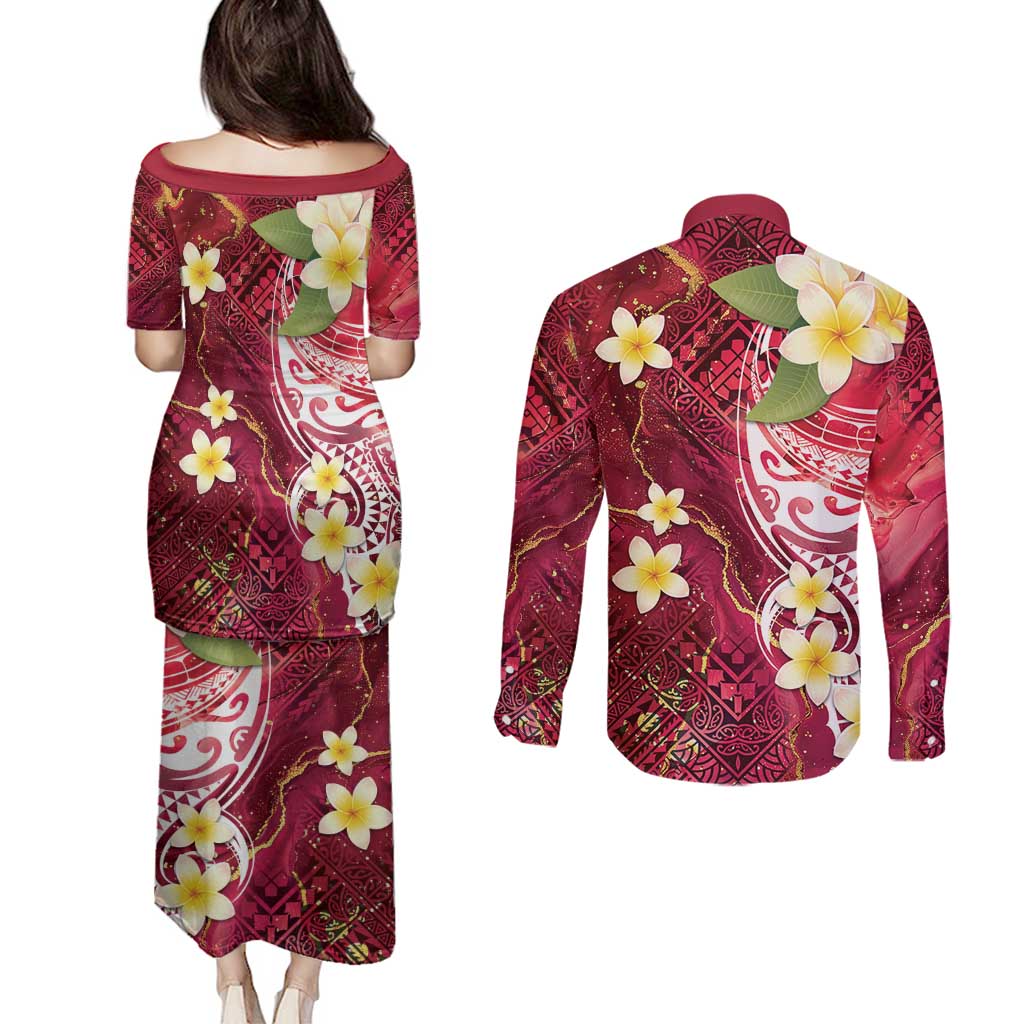 Polynesian Tribal Tattoo Couples Matching Puletasi and Long Sleeve Button Shirt Plumeria Blood Red and Gold Marble Pattern