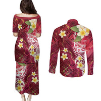 Polynesian Tribal Tattoo Couples Matching Puletasi and Long Sleeve Button Shirt Plumeria Blood Red and Gold Marble Pattern