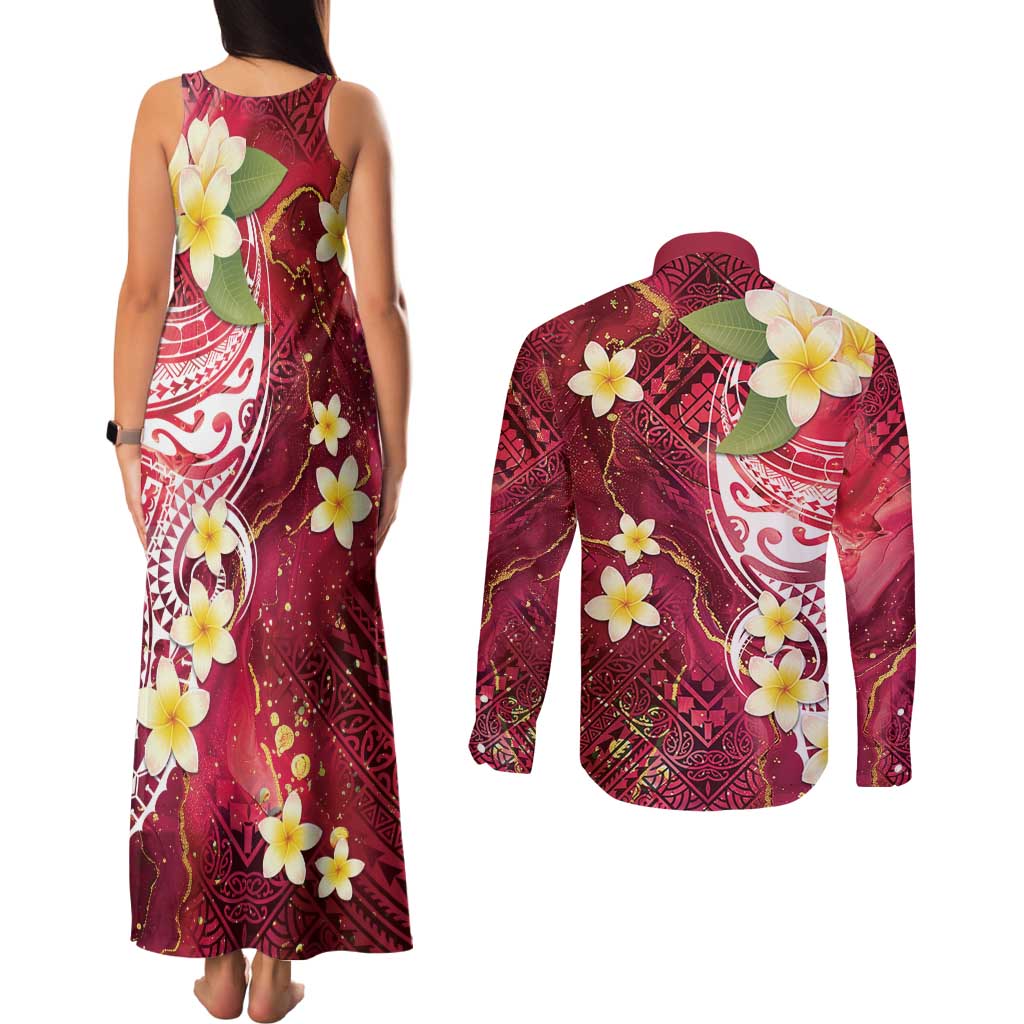 Polynesian Tribal Tattoo Couples Matching Tank Maxi Dress and Long Sleeve Button Shirt Plumeria Blood Red and Gold Marble Pattern