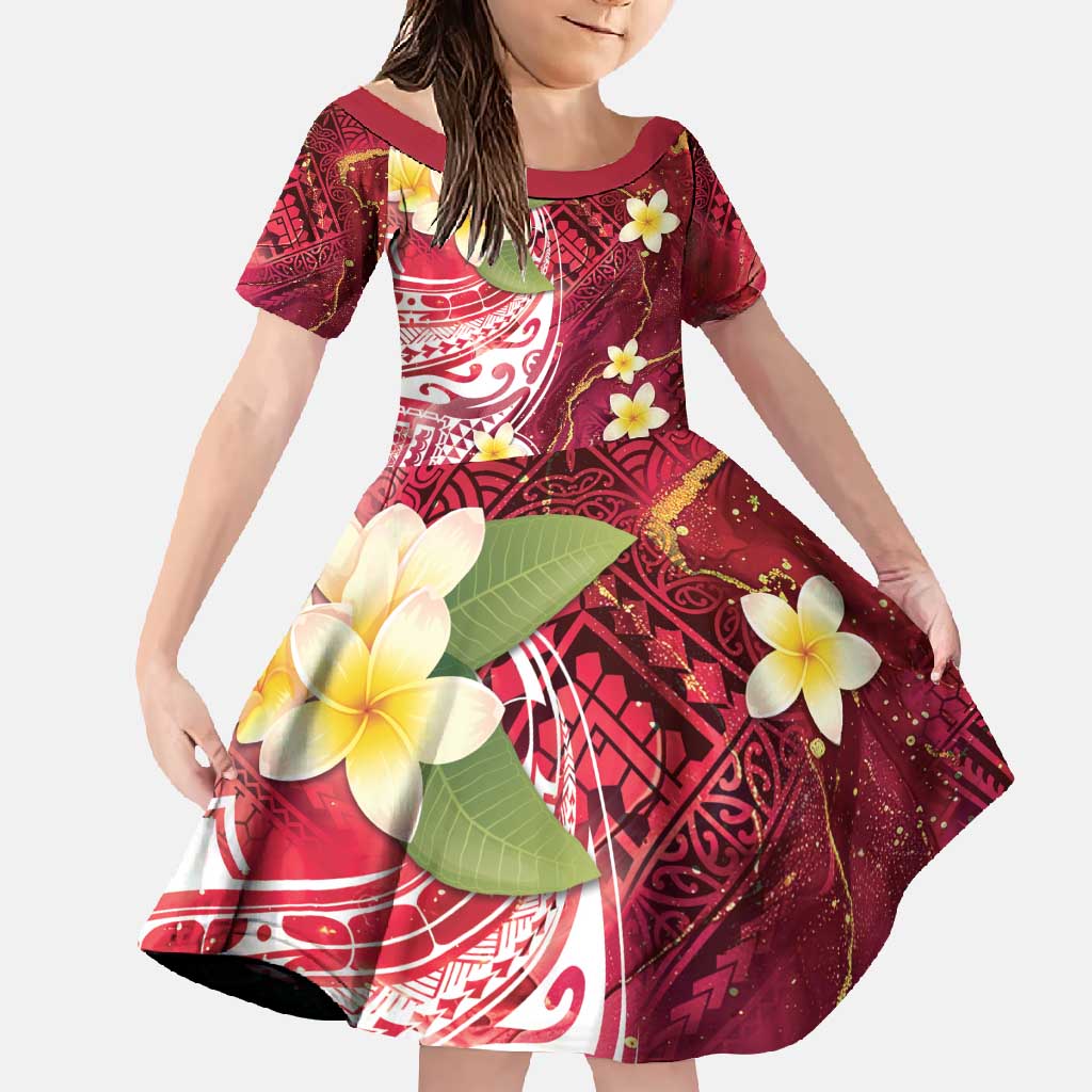 Polynesian Tribal Tattoo Family Matching Long Sleeve Bodycon Dress and Hawaiian Shirt Plumeria Blood Red and Gold Marble Pattern LT9 Daughter's Dress Red - Polynesian Pride