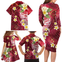 Polynesian Tribal Tattoo Family Matching Long Sleeve Bodycon Dress and Hawaiian Shirt Plumeria Blood Red and Gold Marble Pattern LT9 - Polynesian Pride