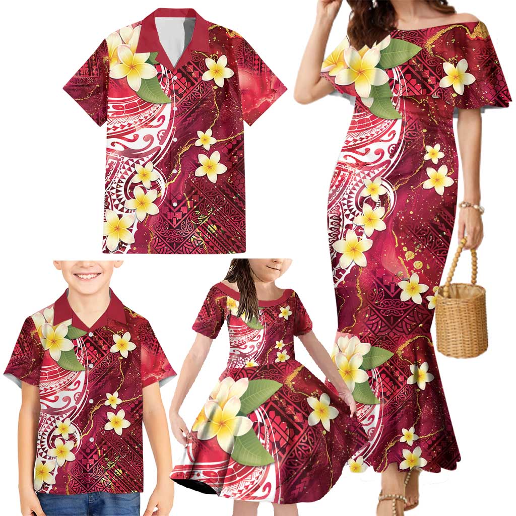 Polynesian Tribal Tattoo Family Matching Mermaid Dress and Hawaiian Shirt Plumeria Blood Red and Gold Marble Pattern LT9 - Polynesian Pride