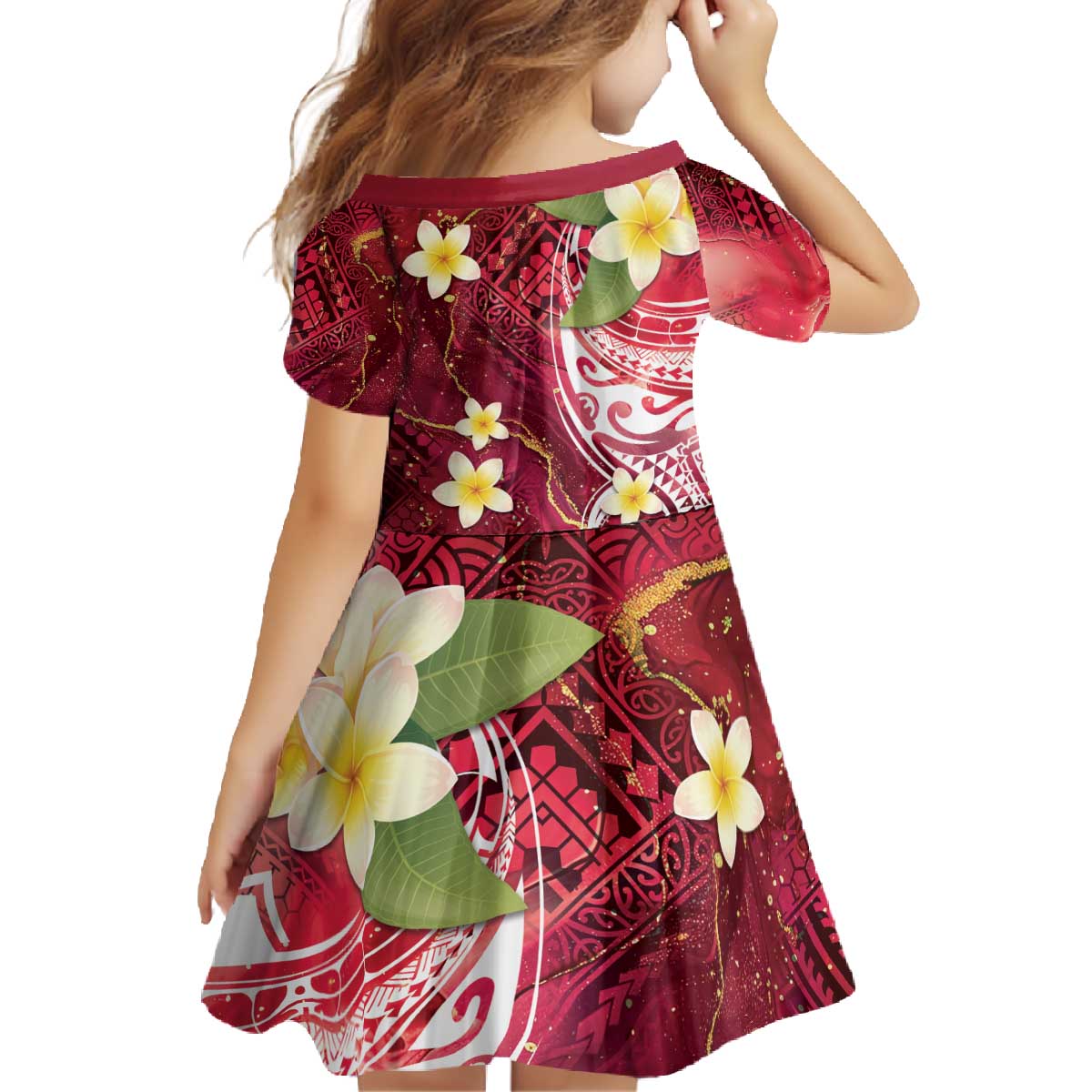 Polynesian Tribal Tattoo Family Matching Off The Shoulder Long Sleeve Dress and Hawaiian Shirt Plumeria Blood Red and Gold Marble Pattern LT9 - Polynesian Pride
