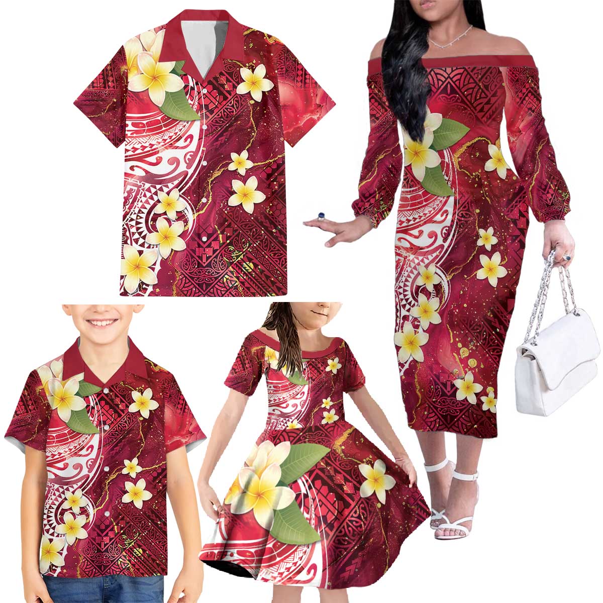 Polynesian Tribal Tattoo Family Matching Off The Shoulder Long Sleeve Dress and Hawaiian Shirt Plumeria Blood Red and Gold Marble Pattern LT9 Red - Polynesian Pride